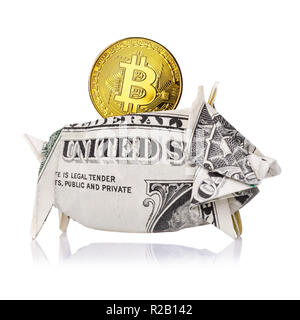 Bitcoin archiviati in modo sicuro nella US dollar isolato su uno sfondo bianco Foto Stock