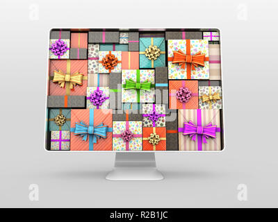 Il monitor di un computer con doni sullo schermo. 3d illustrazione Isolato bianco. Foto Stock