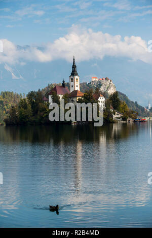 Vista sul lago di Bled con la chiesa di Santa Maria Assunta sulla piccola isola Foto Stock