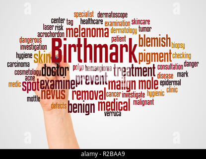 Birthmark word cloud e la mano con il concetto di marcatore su sfondo bianco. Foto Stock