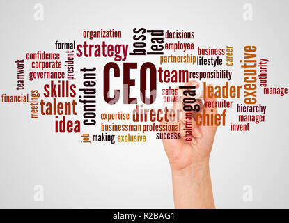 Amministratore Delegato - Chief Executive Officer, word cloud e la mano con il concetto di marcatore su sfondo bianco. Foto Stock