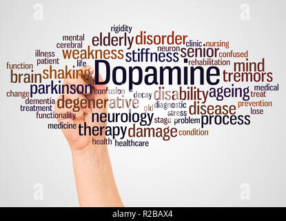 La dopamina word cloud e la mano con il concetto di marcatore su sfondo bianco. Foto Stock