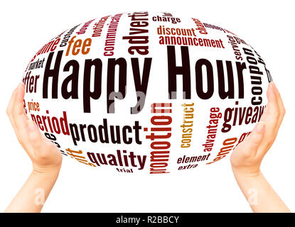 Happy Hour parola cloud sfera mano concetto su sfondo bianco. Foto Stock