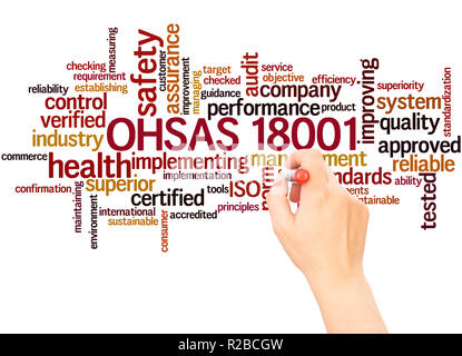 OHSAS 18001 cloud di parola la scrittura a mano concetto su sfondo bianco. Foto Stock