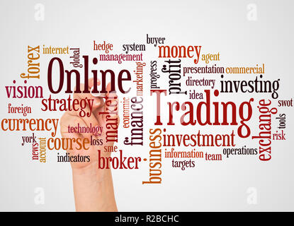 Il Trading Online word cloud e la mano con il concetto di marcatore su sfondo bianco. Foto Stock