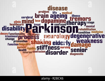 Morbo di Parkinson word cloud e la mano con il concetto di marcatore su sfondo bianco. Foto Stock