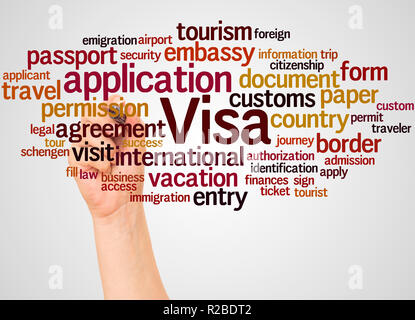 Visa Application word cloud e la mano con il concetto di marcatore su sfondo bianco. Foto Stock