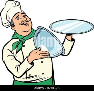 Chef con vassoio con coperchio aperto. isolare su sfondo bianco. Fumetto cartoon arte pop retrò illustrazione vettoriale disegno Illustrazione Vettoriale