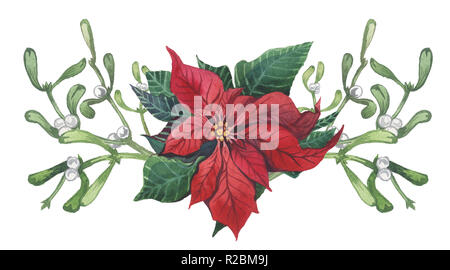 Acquerello poinsettia con Natale decorazioni floreali. Dipinto a mano tradizionale di fiori e piante: Holly, vischio, bacche e ramo di abete isolato su wh Foto Stock