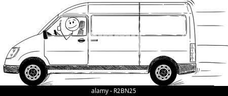 Cartoon di driver di consegna generico Van mostrando pollice in alto Illustrazione Vettoriale