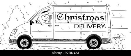 Cartoon di driver generici di Van con consegna di Natale il testo Mostra pollice in alto Illustrazione Vettoriale