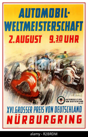L'annata 1953 F1 motor sport poster pubblicitari il Automobil XVI. Grosser Preis Von Deutschland Nürburgring / Automobile World Cup XVI Gran Premio di Germania presso il Nurburgring Gara via il 2 agosto 1953. Design con le vetture racing intorno ad un angolo a velocità con il testo di cui sopra contro lo sfondo giallo e in seguito con la Automobilclub von Deutschland AvD Automobile Club tedesco logo. L'Automobile World Cup è il nome originale per la Formula Uno Foto Stock