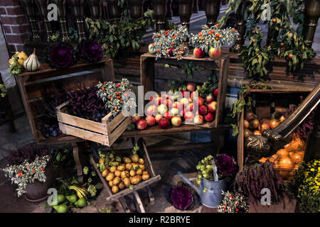 Diversi prodotti agricoli in una composizione colorata, patate, mele, zucche, i pomodori e le verdure con i loro box Foto Stock