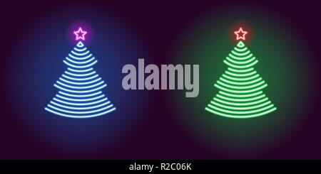 Neon di albero di Natale, incandescente segno. Illustrazione Vettoriale di albero di Natale con Stella in profilo neon stile, colori blu e verde. Decorativo ic incandescente Illustrazione Vettoriale