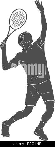 Silhouette giocatore di tennis con una racchetta su sfondo bianco Illustrazione Vettoriale