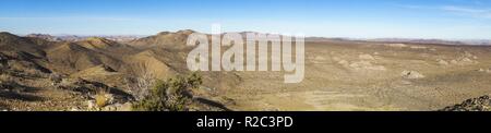 Ampio paesaggio panoramico Vista panoramica del deserto di Mojave con orizzonte lontano vicino alla miniera di cavalli perduti nel Parco Nazionale di Joshua Tree California USA Foto Stock