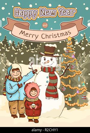 Buon Natale e Felice Anno Nuovo card, poster, cartoon colorato disegno, illustrazione vettoriale, vacanze sfondo. Carino il ragazzo, ragazza e pupazzo di neve con la de Illustrazione Vettoriale