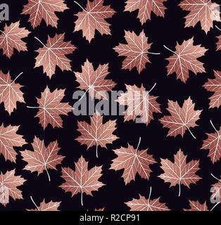 Il rame acero Foglie di autunno autunno concetto seamless pattern su sfondo nero. Ideale per carta, la carta di avvolgimento o stampare texture. Illustrazione Vettoriale