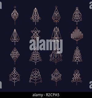Set di astratta stile contorno natale alberi di pino con geometrica holiday ornamenti in color rame. Ideale per creare il vostro xmas design, web o un Illustrazione Vettoriale