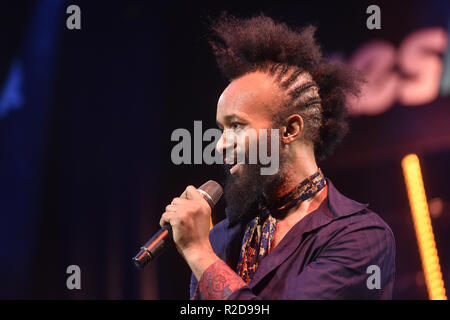 Noi musicista e cantante fantastico NEGRITO (XAVIER AMIN DPHREPAULEZZ) esegue durante la XXIII Festival Internazionale di Musica Blues - vivo in Sumperk, Repubblica Ceca, il 17 novembre 2018. (CTK foto/Ludek Perina) Foto Stock