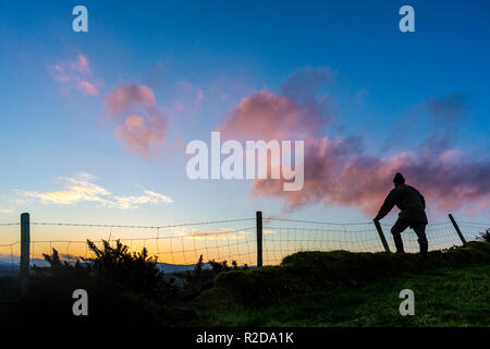 Ardara, County Donegal, Irlanda il 19 novembre 2018. Un agricoltore si affaccia su campi all alba di una chiara e nitida mattina autunnale. Credito: Richard Wayman/Alamy Live News Foto Stock