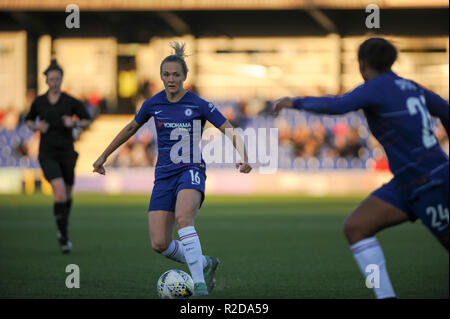 Kingsmeadow, Kingston on Thames, London, Regno Unito. 18 Nov 2018. Magdalena Eriksson di Chelsea passa a Drew Spence del Chelsea durante il WSL1 match tra Chelsea onorevoli Yeovil Town onorevoli a Kingsmeadow. © David Partridge / Alamy Live News Foto Stock