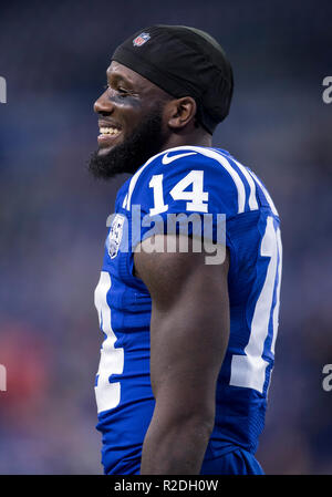 18 novembre 2018: Indianapolis Colts wide receiver Zach Pascal (14) durante la NFL Football azione di gioco tra il Tennessee Titans e Indianapolis Colts a Lucas Oil Stadium di Indianapolis, Indiana. Indianapolis sconfitto Tennessee 38-10. John Mersits/CSM. Foto Stock