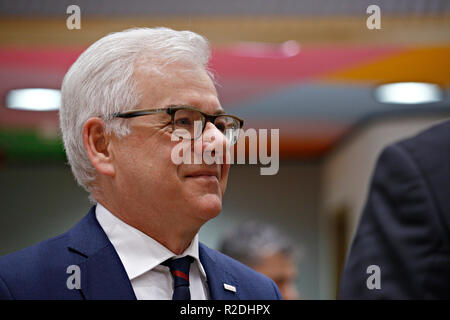 Bruxelles, Belgio. Il 19 novembre 2018. Il ministro degli Affari esteri della Polonia Jacek Czaputowicz assiste nella riunione dei ministri della difesa UE presso il quartier generale dell'UE. Alexandros Michailidis/Alamy Live News Foto Stock