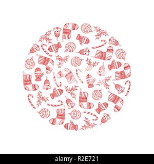Vettore round decorativo dal rosso simboli di Natale su sfondo bianco - candy cane, albero palla, mitten, calza, agrifoglio, campana di natale. Decorat natale Illustrazione Vettoriale