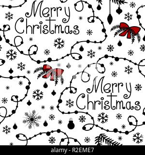 Merry Christmas background con la mano il testo disegnato, volute e i fiocchi di neve. Disegnata a mano in stile scarabocchio. Rosso e nero. Isolato su sfondo bianco. Perfetto per avvolgere carta, carta da parati, stampa di tessuto Illustrazione Vettoriale