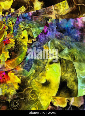 Multistrato abstract creative con volute in colori smorzati. Tela Foto Stock