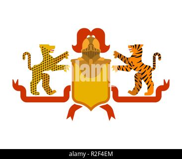 Scudo araldico Tiger e Leopard cavaliere e casco. Fantastico bestie. Araldica del modello di elemento di design. Stemma della famiglia reale Illustrazione Vettoriale