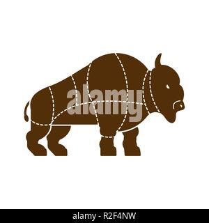 Tagliare la carne di bufalo. Bison silhouette linee schema di diverse parti di carne. Come tagliare la carne bull. Poster macellai di schema per i negozi di carne. Un barbecue Illustrazione Vettoriale