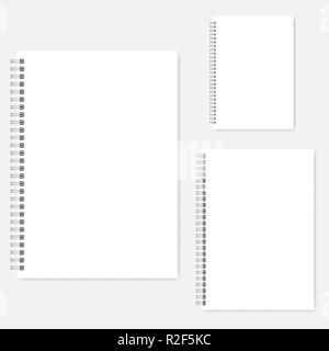 Vuoto bianco vettore notebook mock-up set. A4, A5, formato A6. Chiara a spirale taccuini mockup. La rilegatura a filo modello diario Illustrazione Vettoriale