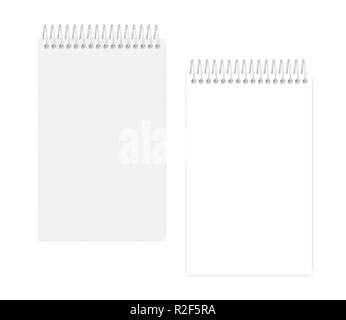 In alto vuoto a spirale notebook bianco, vettore mock up. La rilegatura a filo vuoto notepad, mockup. Junior dimensione giuridica diario: Cancella pagina e coperchio, modello Illustrazione Vettoriale