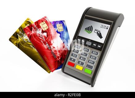 Macchina POS e carte di credito isolati su sfondo bianco. 3D'illustrazione. Foto Stock