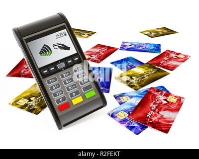 Macchina POS e carte di credito isolati su sfondo bianco. 3D'illustrazione. Foto Stock