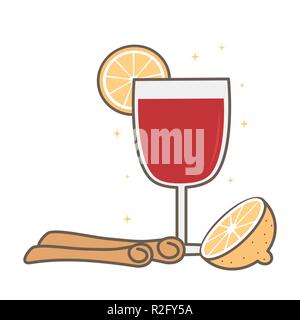 Cartoon carino bicchiere di vin brulé con bastoncini di cannella e arancio illustrazione vettoriale Illustrazione Vettoriale
