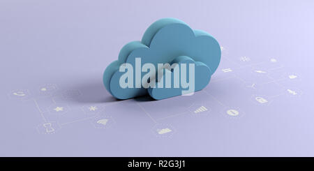 Il cloud computing e le applicazioni per dispositivi mobili. Nuvole blu su sfondo viola con le icone delle app. 3d illustrazione Foto Stock
