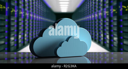 Il Cloud computing data center. Cloud di storage su blur dati calcolatore sullo sfondo al centro. 3d illustrazione Foto Stock