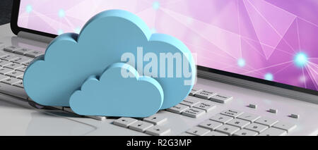 Il cloud computing concetto, Blue Clouds su un computer portatile, banner. 3d illustrazione Foto Stock