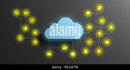 Il cloud computing e le applicazioni per dispositivi mobili. Cloud blu su sfondo nero con illuminato le icone delle app. 3d illustrazione Foto Stock