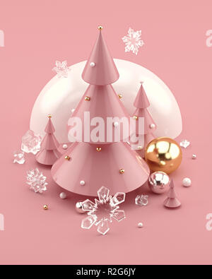 Rose Gold 3D illustrazione decorate con alberi di Natale e i fiocchi di neve. Foto Stock
