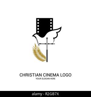 Cinema cristiana logo. Simboli di film e video per il ministero, conferenza, camp, festival, evento. Illustrazione Vettoriale