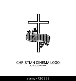 Cinema cristiana logo. Simboli di film e video per il ministero, conferenza, camp, festival, evento. Illustrazione Vettoriale