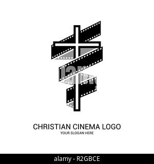 Cinema cristiana logo. Simboli di film e video per il ministero, conferenza, camp, festival, evento. Illustrazione Vettoriale