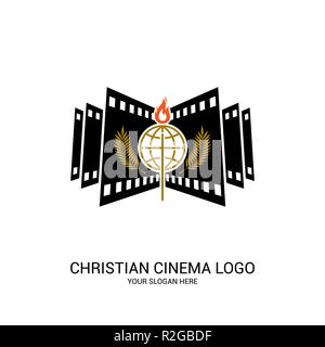 Cinema cristiana logo. Simboli di film e video per il ministero, conferenza, camp, festival, evento. Illustrazione Vettoriale