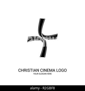 Cinema cristiana logo. Simboli di film e video per il ministero, conferenza, camp, festival, evento. Illustrazione Vettoriale