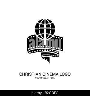 Cinema cristiana logo. Simboli di film e video per il ministero, conferenza, camp, festival, evento. Illustrazione Vettoriale