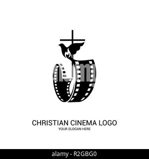 Cinema cristiana logo. Simboli di film e video per il ministero, conferenza, camp, festival, evento. Illustrazione Vettoriale